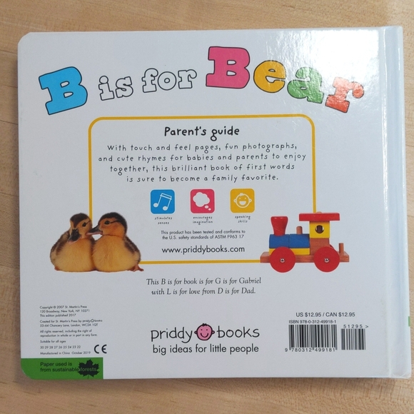 b is for bear by priddy books touch & feel baby toddler alphabet board book - Picture 5 of 9